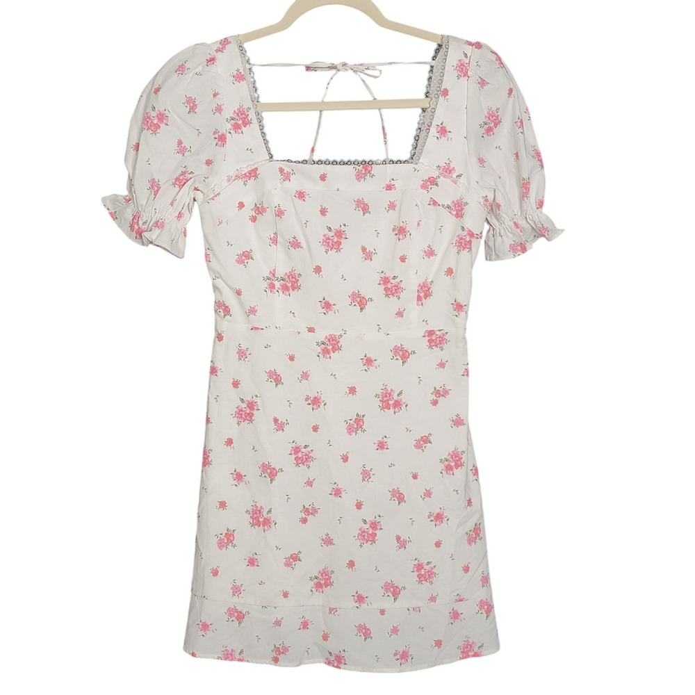 Altar'd State Mini Dress XS White Floral Puff Sleeve Lace Trim Smocked Back